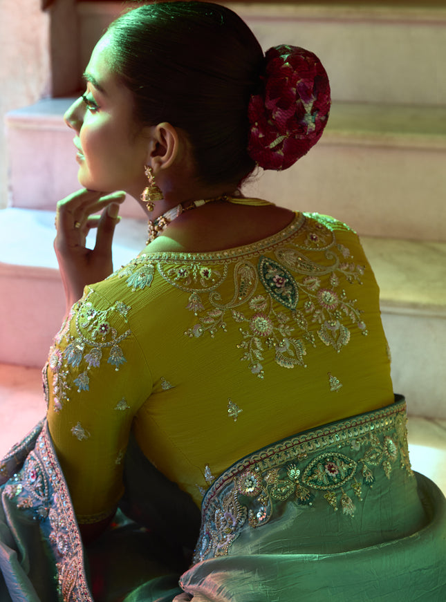 Impeccable Teal Grey Embroidered Designer Wedding Saree