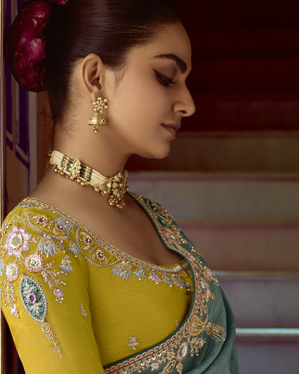 Impeccable Teal Grey Embroidered Designer Wedding Saree