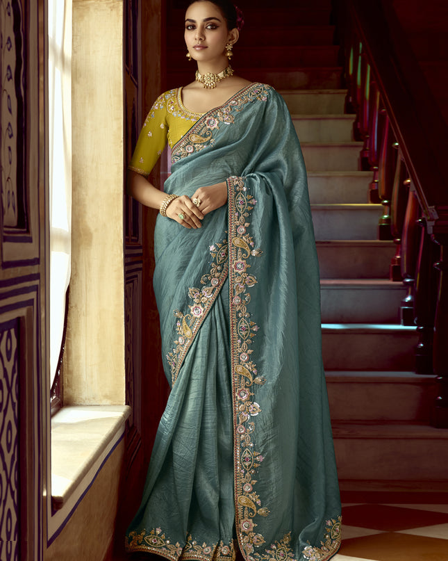 Impeccable Teal Grey Embroidered Designer Wedding Saree