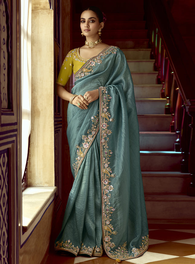 Impeccable Teal Grey Embroidered Designer Wedding Saree