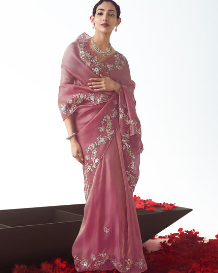 Fascinating Puce Pink Tissue Organza Embroidered Wedding Saree