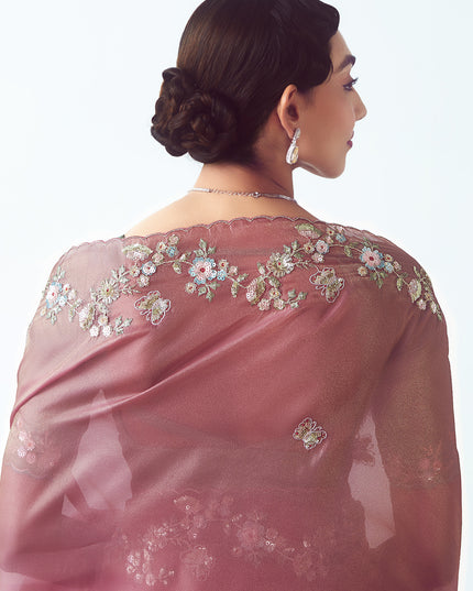 Fascinating Puce Pink Tissue Organza Embroidered Wedding Saree