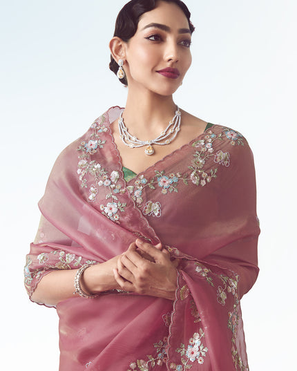 Fascinating Puce Pink Tissue Organza Embroidered Wedding Saree