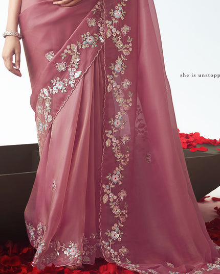 Fascinating Puce Pink Tissue Organza Embroidered Wedding Saree