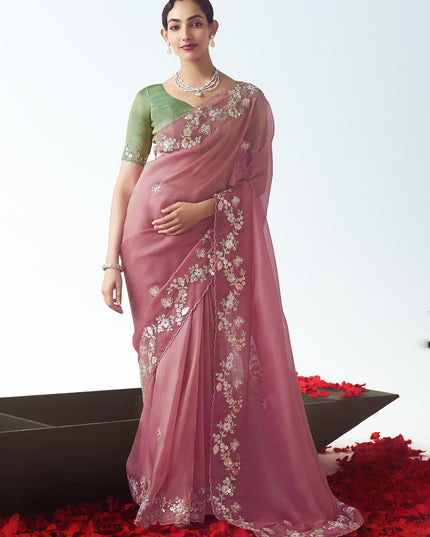Fascinating Puce Pink Tissue Organza Embroidered Wedding Saree