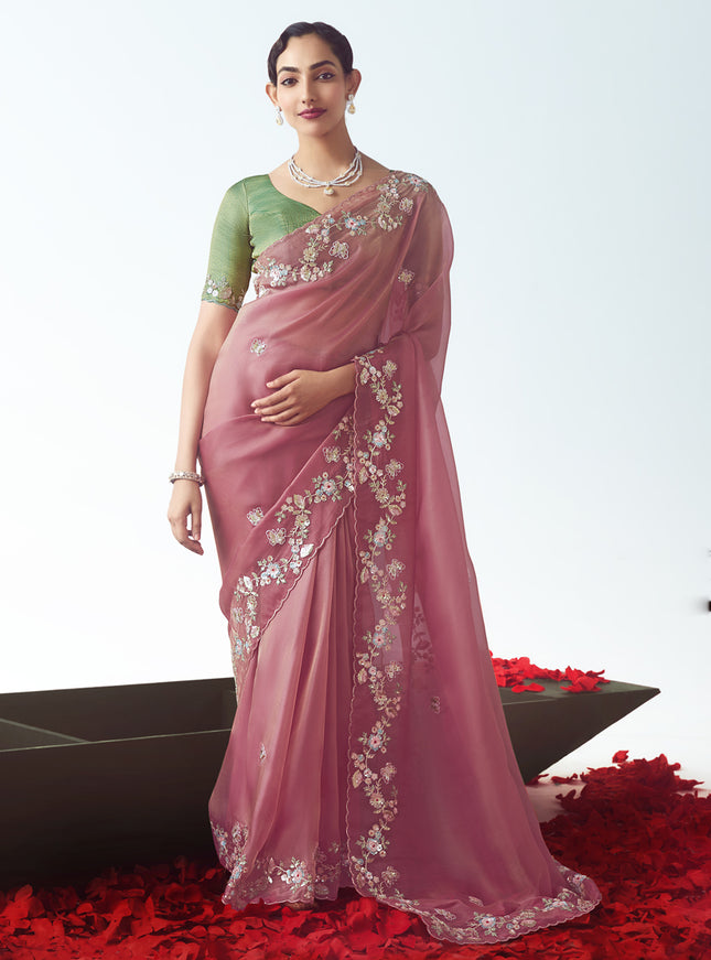 Fascinating Puce Pink Tissue Organza Embroidered Wedding Saree