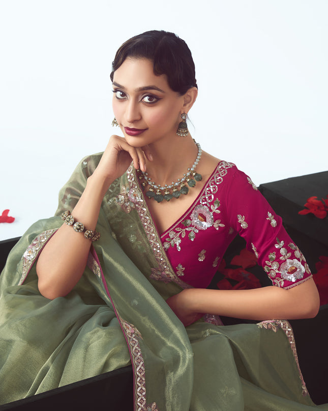 Elegant Sage Green Tissue Organza Embroidered Wedding Saree