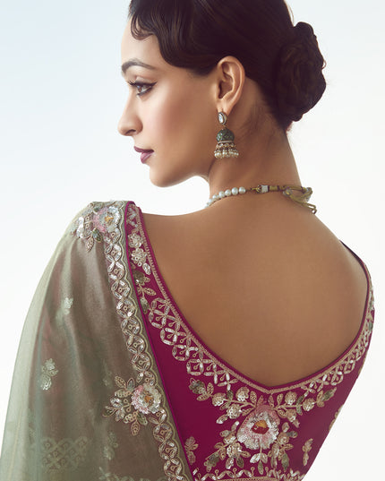 Elegant Sage Green Tissue Organza Embroidered Wedding Saree