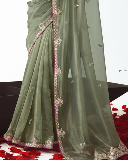 Elegant Sage Green Tissue Organza Embroidered Wedding Saree