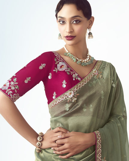 Elegant Sage Green Tissue Organza Embroidered Wedding Saree