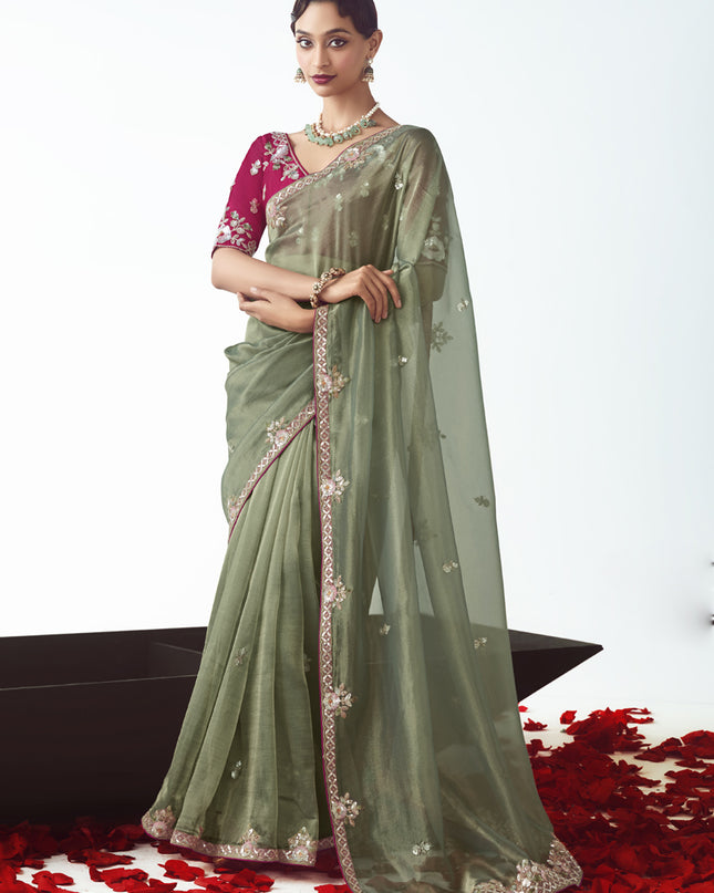 Elegant Sage Green Tissue Organza Embroidered Wedding Saree