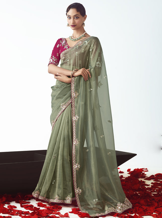 Elegant Sage Green Tissue Organza Embroidered Wedding Saree