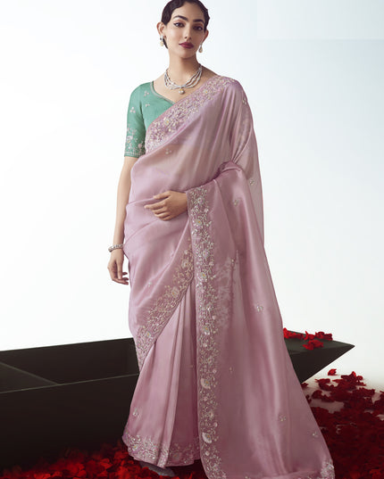 Ravishing Rose Pink Tissue Organza Embroidered Wedding Saree