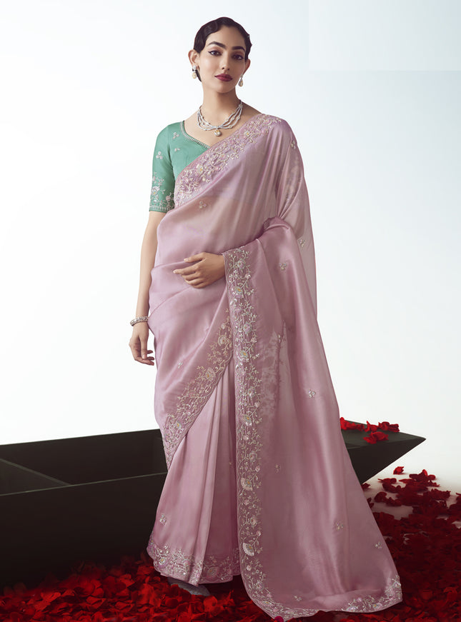 Ravishing Rose Pink Tissue Organza Embroidered Wedding Saree