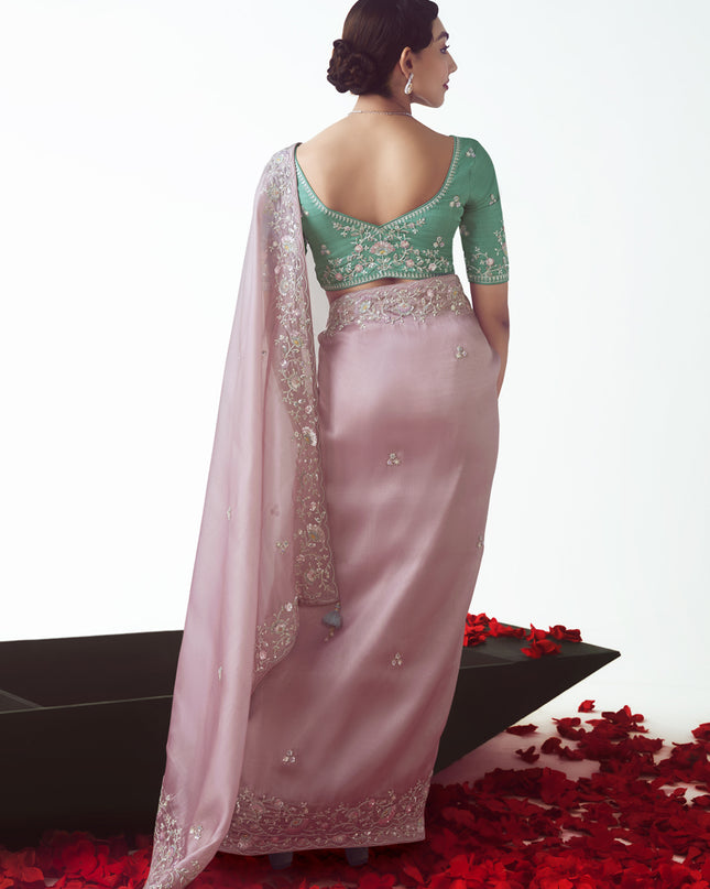 Ravishing Rose Pink Tissue Organza Embroidered Wedding Saree