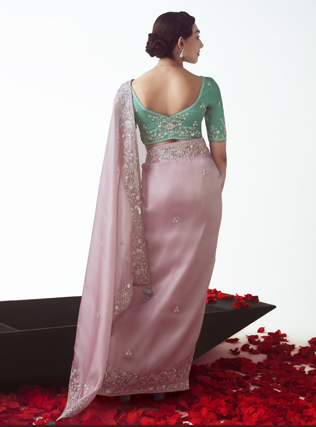 Ravishing Rose Pink Tissue Organza Embroidered Wedding Saree