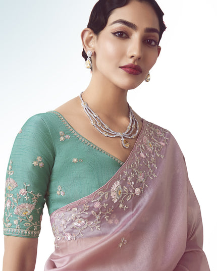 Ravishing Rose Pink Tissue Organza Embroidered Wedding Saree