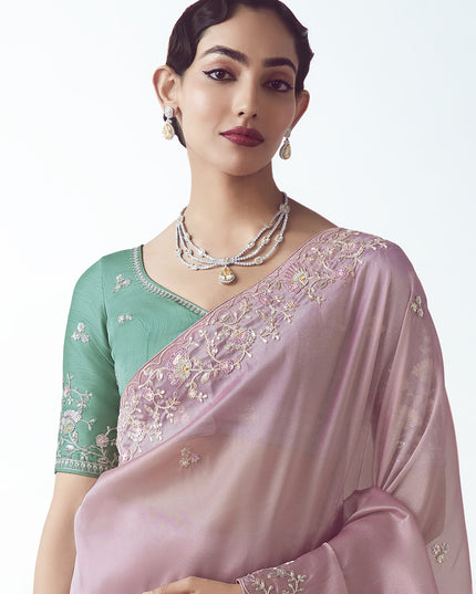 Ravishing Rose Pink Tissue Organza Embroidered Wedding Saree