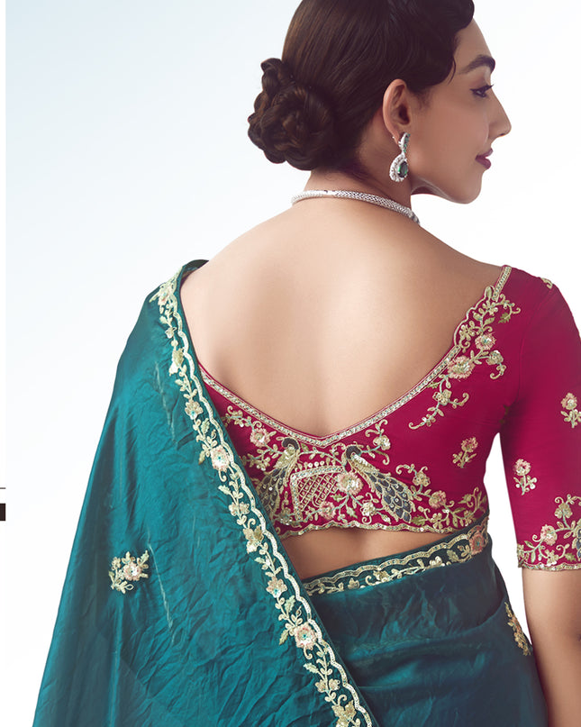 Bewitching Peacock Blue Tissue Organza Embroidered Wedding Saree