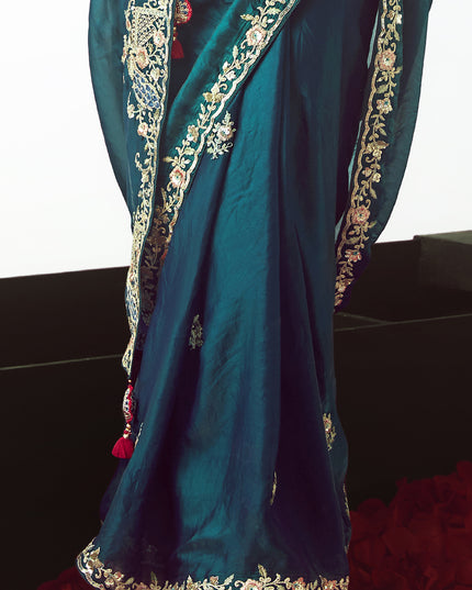 Bewitching Peacock Blue Tissue Organza Embroidered Wedding Saree