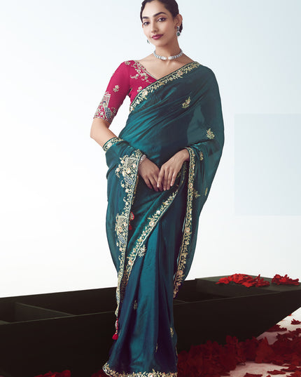 Bewitching Peacock Blue Tissue Organza Embroidered Wedding Saree