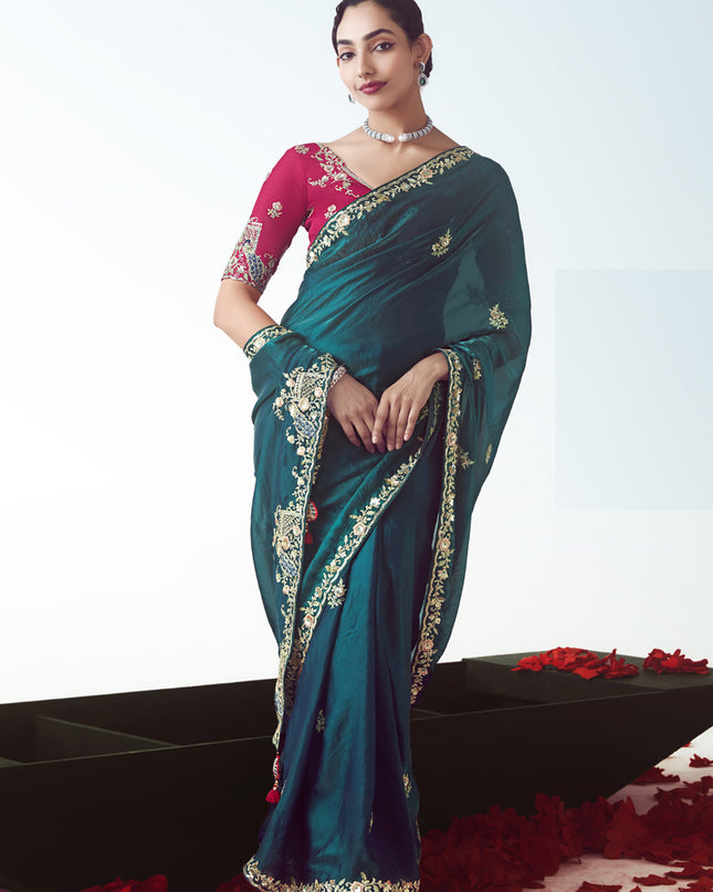 Bewitching Peacock Blue Tissue Organza Embroidered Wedding Saree