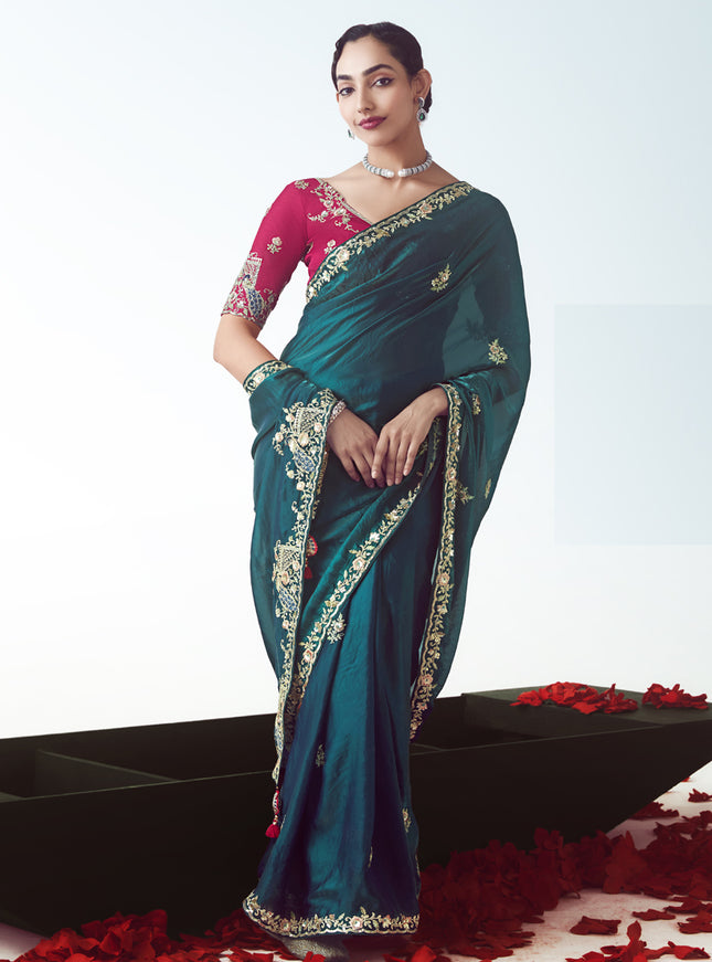 Bewitching Peacock Blue Tissue Organza Embroidered Wedding Saree