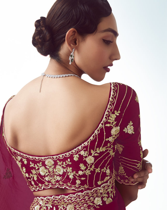 Pretty Strawberry Tissue Organza Embroidered Wedding Saree