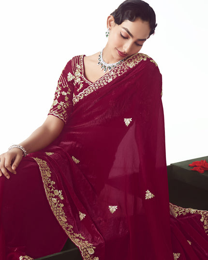 Pretty Strawberry Tissue Organza Embroidered Wedding Saree