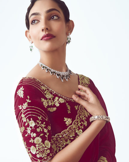 Pretty Strawberry Tissue Organza Embroidered Wedding Saree