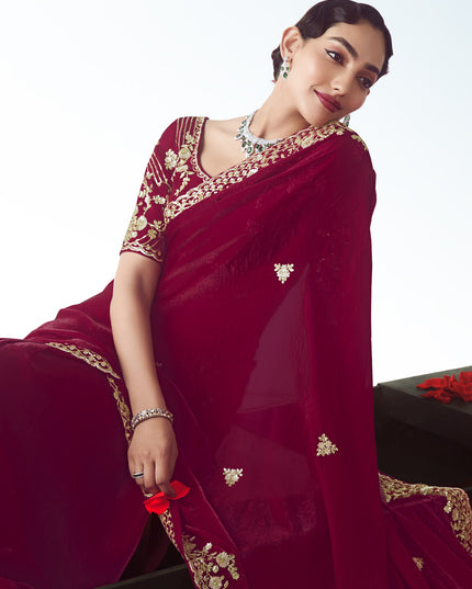Pretty Strawberry Tissue Organza Embroidered Wedding Saree