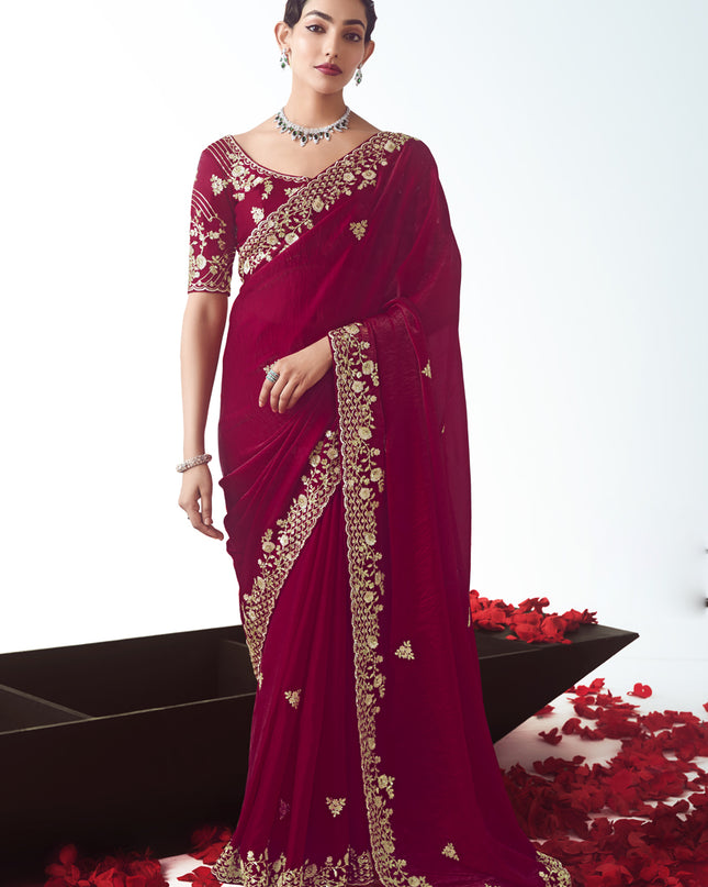 Pretty Strawberry Tissue Organza Embroidered Wedding Saree