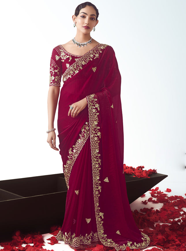 Pretty Strawberry Tissue Organza Embroidered Wedding Saree
