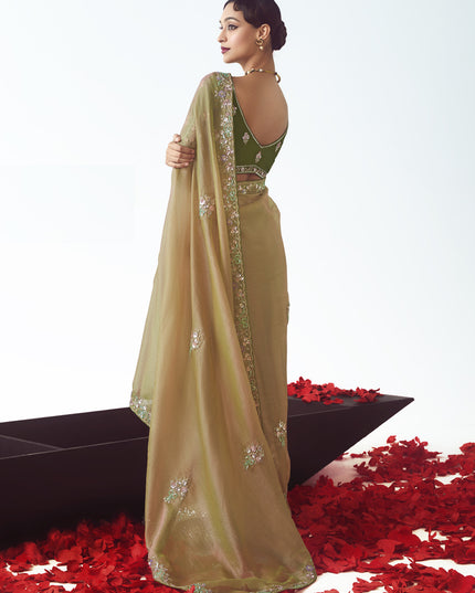 Magnetic Beige Tissue Organza Embroidered Wedding Saree