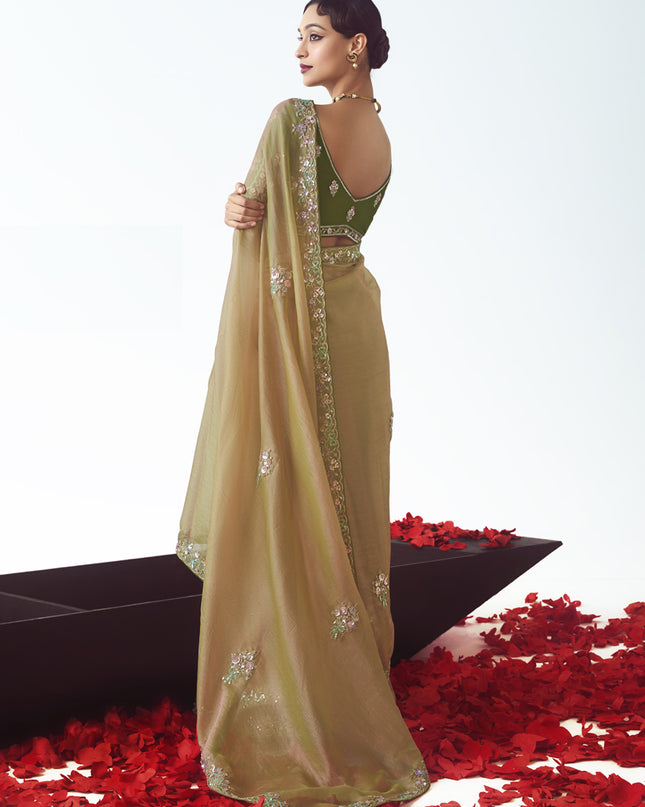 Magnetic Beige Tissue Organza Embroidered Wedding Saree