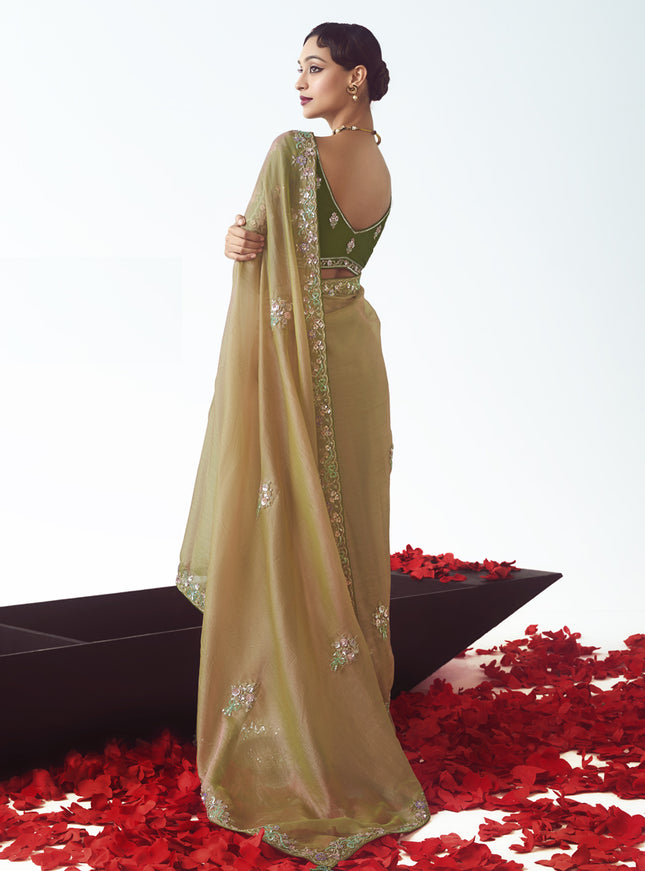 Magnetic Beige Tissue Organza Embroidered Wedding Saree