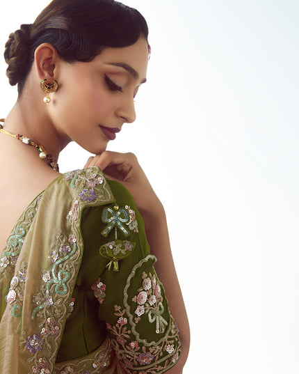 Magnetic Beige Tissue Organza Embroidered Wedding Saree