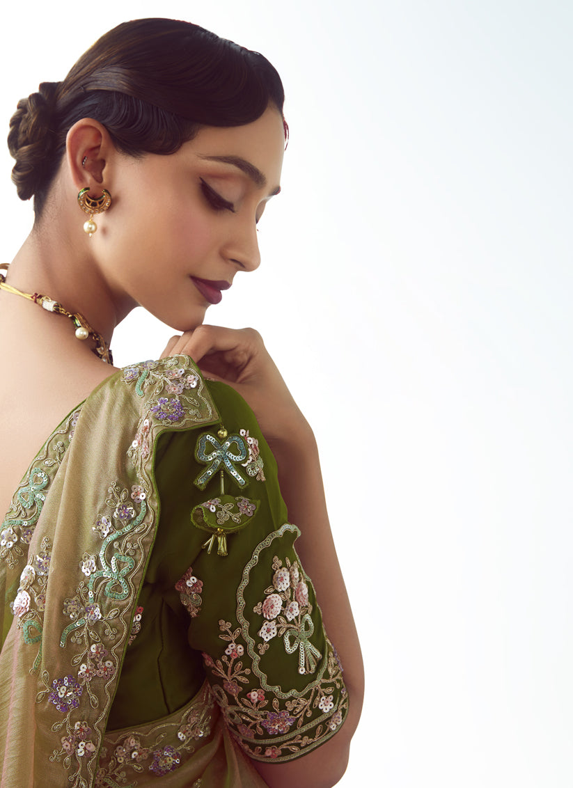 Magnetic Beige Tissue Organza Embroidered Wedding Saree