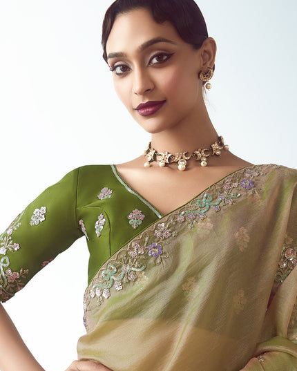 Magnetic Beige Tissue Organza Embroidered Wedding Saree