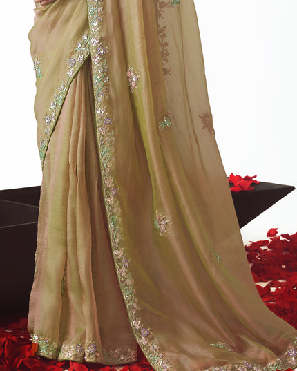 Magnetic Beige Tissue Organza Embroidered Wedding Saree