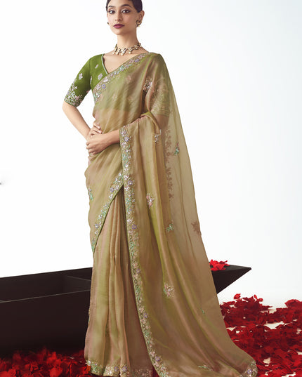 Magnetic Beige Tissue Organza Embroidered Wedding Saree
