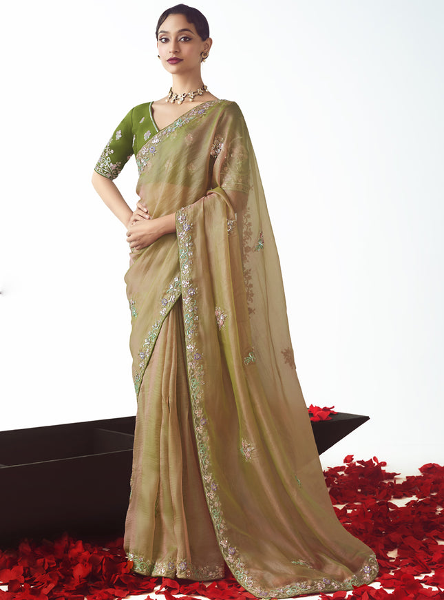 Magnetic Beige Tissue Organza Embroidered Wedding Saree