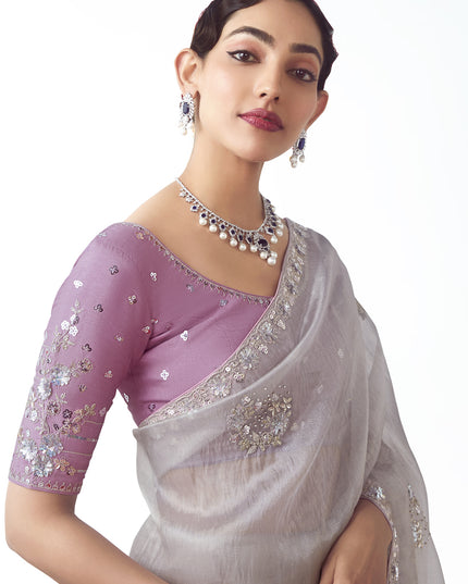 Lovely Silver Tissue Organza Embroidered Wedding Saree