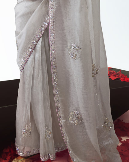 Lovely Silver Tissue Organza Embroidered Wedding Saree