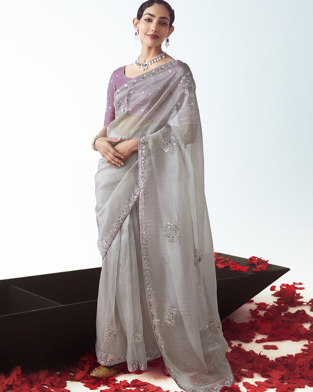 Lovely Silver Tissue Organza Embroidered Wedding Saree