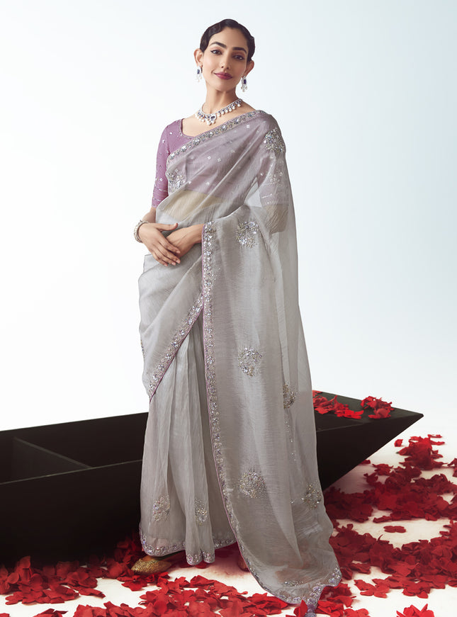 Lovely Silver Tissue Organza Embroidered Wedding Saree