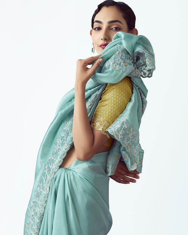 Awesome Aqua Blue Tissue Organza Embroidered Wedding Saree