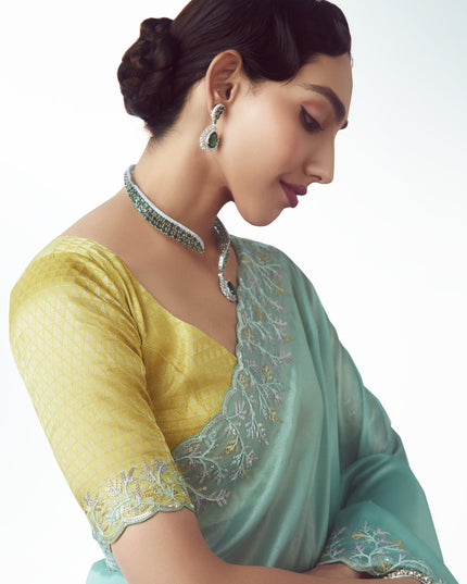 Awesome Aqua Blue Tissue Organza Embroidered Wedding Saree