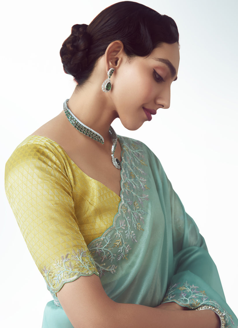 Awesome Aqua Blue Tissue Organza Embroidered Wedding Saree