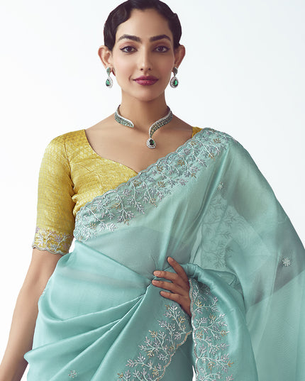 Awesome Aqua Blue Tissue Organza Embroidered Wedding Saree